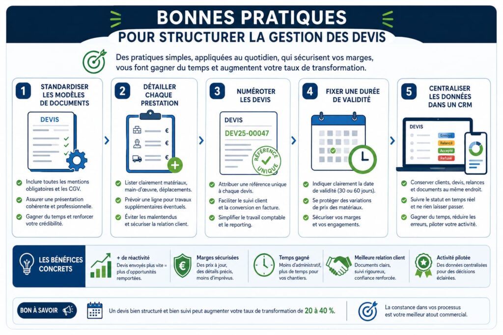 Bonnes pratiques devis TPE: standardiser, détailler, numéroter, fixer validité, centraliser. Gestion optimisée des devis.